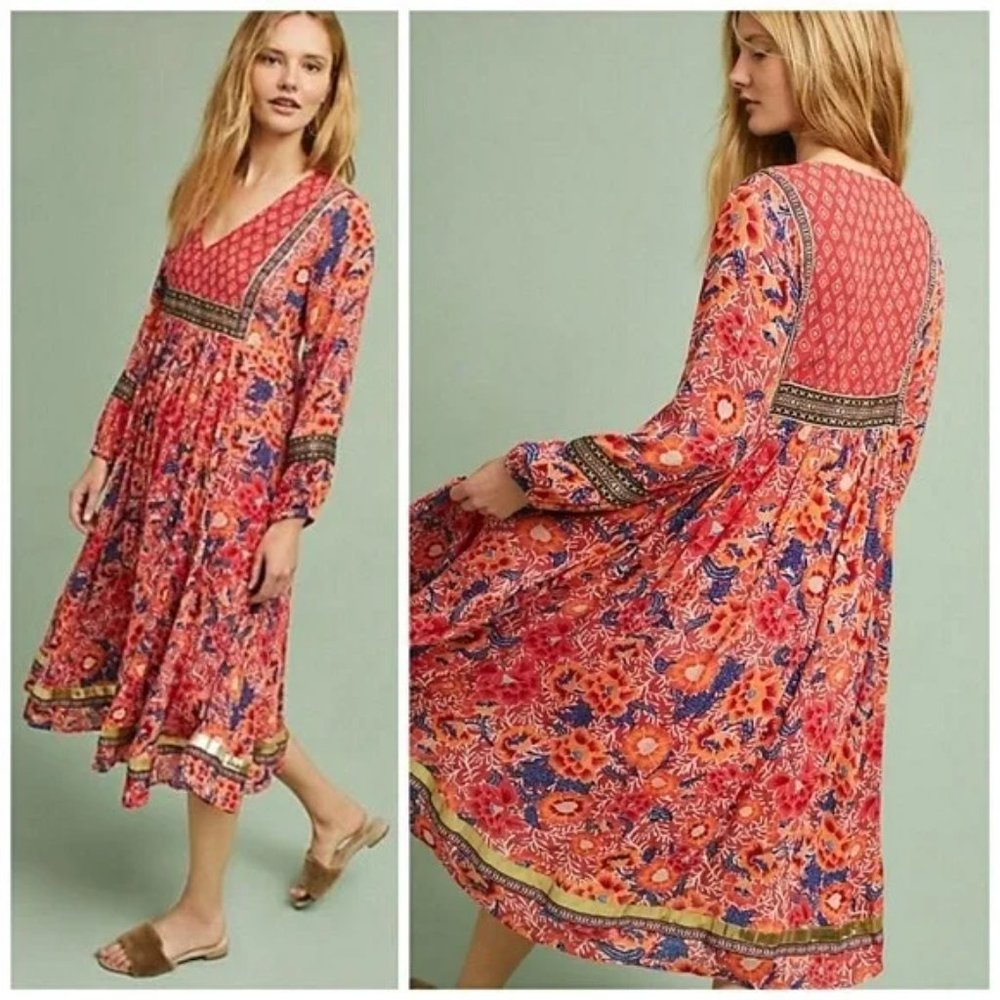 Anthropologie Red/Gold RD & Koko Pleasant Dress XL